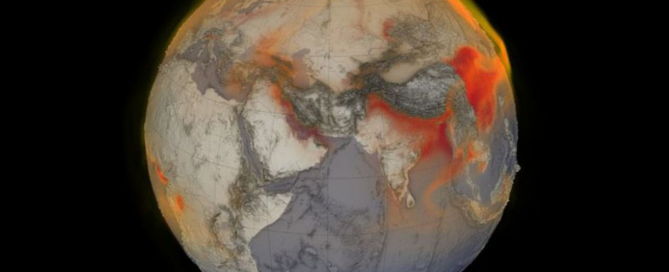 A visual representation of global methane from January 26, 2018. Red areas indicate higher concentrations of methane swirling in the atmosphere. (Cindy Starr, Kel Elkins, Greg Shirah and Trent L. Schindler, NASA Scientific Visualization Studio)